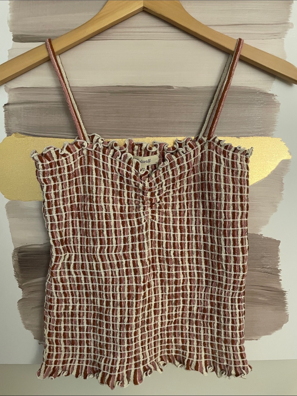 NWT Madewell Pink, Rust, and White Checkered Smocked Cami Top